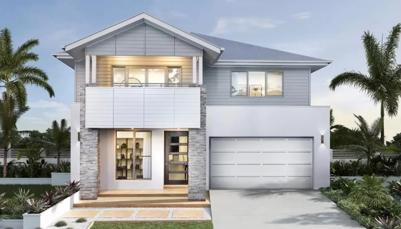 Modern two-story suburban home with a white garage, stone accents, upper balcony, and palm trees under a blue sky.