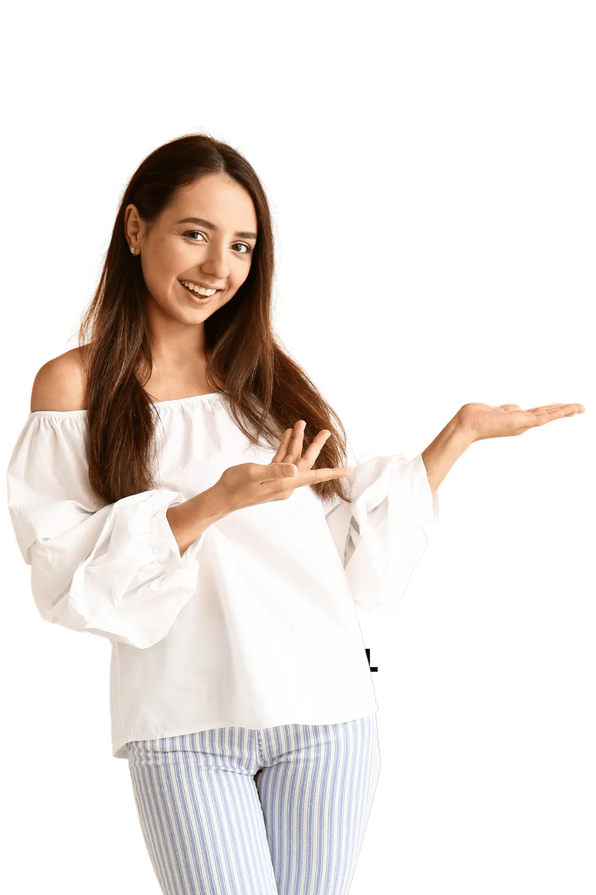 A young woman pointing toward the quote form