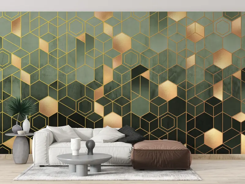 Green geometric wallpaper on a living room wall