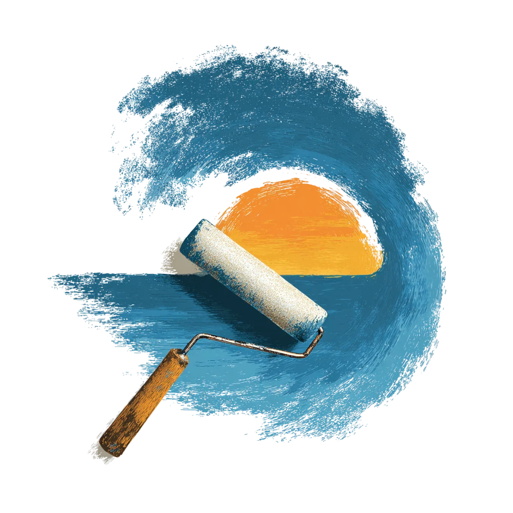 A paint roller laying a blue wave over a setting sun