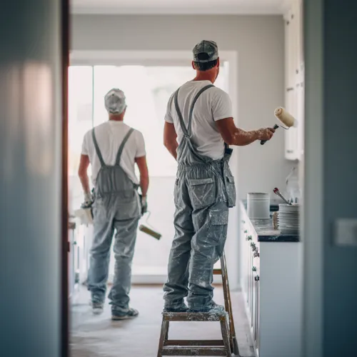 Two painters in white overalls at work in a kitchen